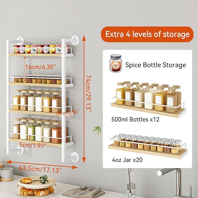 IBUYKE Spice Rack Wall Mount,4 Tier Hanging Seasoning Organizer,Spice Rack for Wall for up to 50 Jars,Spice Organization for Kitchen Cabinet,Living Room,Bathroom,Pantry,Natural TLJ016R