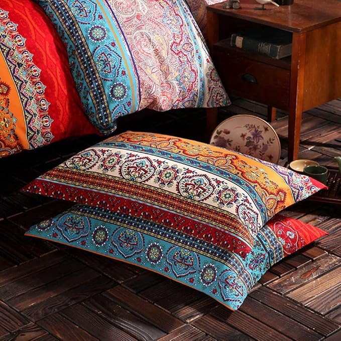 ABREEZE 3Pcs Bohemia Retro Bedding Ethnic Vintage Floral Duvet Cover Boho Bedding 100% Brushed Cotton Bedding Sets Damask Paisley Coloful Mandala Down Comforter Cover,King
