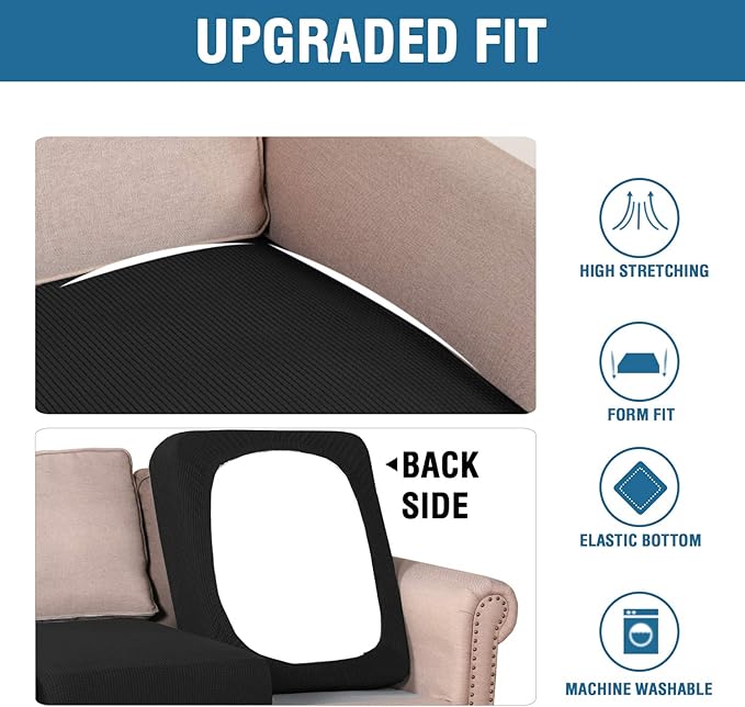 H.VERSAILTEX Super Stretch Individual Seat Cushion Covers Sofa Covers Couch Cushion Covers Slipcover Sets Thick Jacquard Textured Twill Fabric (2 Piece Medium Sofa Cushion Covers, Black)