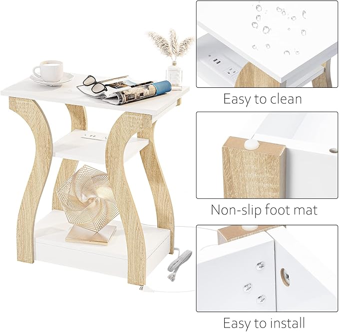End Table with Charging Station, Side Table with USB Ports and Outlets, Nightstand, 3 Tier End Table with Storage Shelf for Living Room, Bedroom (White)