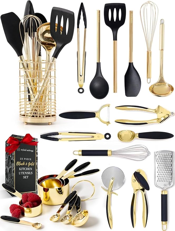 Black and Gold Kitchen Utensils Set - 23-Piece Luxury Kitchen Accessories Includes Gold Measuring Cups, Spoons, Silicone Cooking Utensils and Tools for Baking, Cooking, and Stylish Kitchen Decor
