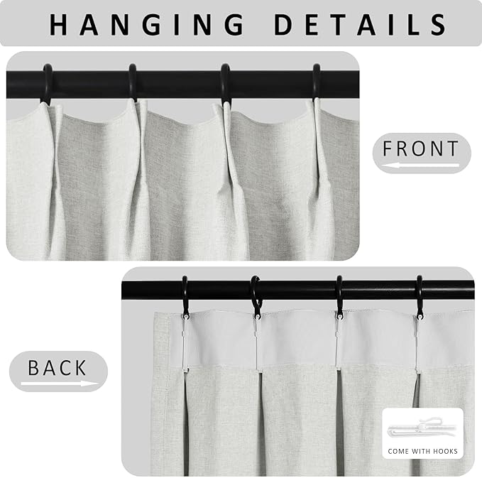 Macochico Extra Wide 100% Blackout Linen Curtains for Sliding Door Pleated Curtains with Hooks Insulated Soft Linen Drapes for Bedroom Living Room with Tieback Greyish White 100”Wx84”L 1 Panel