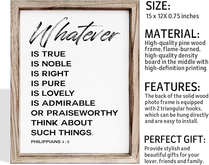 Christian Wooden Framed Signs, Rustic Home Decor, Family Signs, Living Room Decor, Philippians 4:8 Sign, Framed Wall Plaque Sign 15 * 11.5 inches, Finally Brothers and Sisters