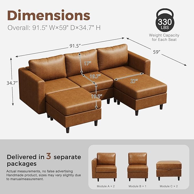 91.5" Faux Leather U Shaped Modular Sectional Sofa, 5 Seater Couch with Movable Ottoman Deep Seat and Storage Seat with Removable Cover for Living Room, Apartment - Brown