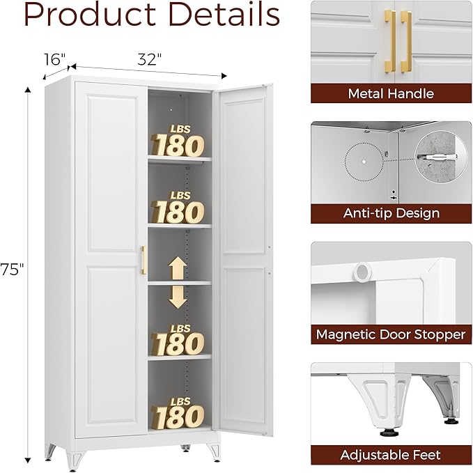 75" Kitchen Pantry Cabinet, White Metal Storage Cabinets with 2 Doors and 4 Adjustable Shelves, Tall Pantry Storage Cabinet for Kitchen, Dining Room, Living Room
