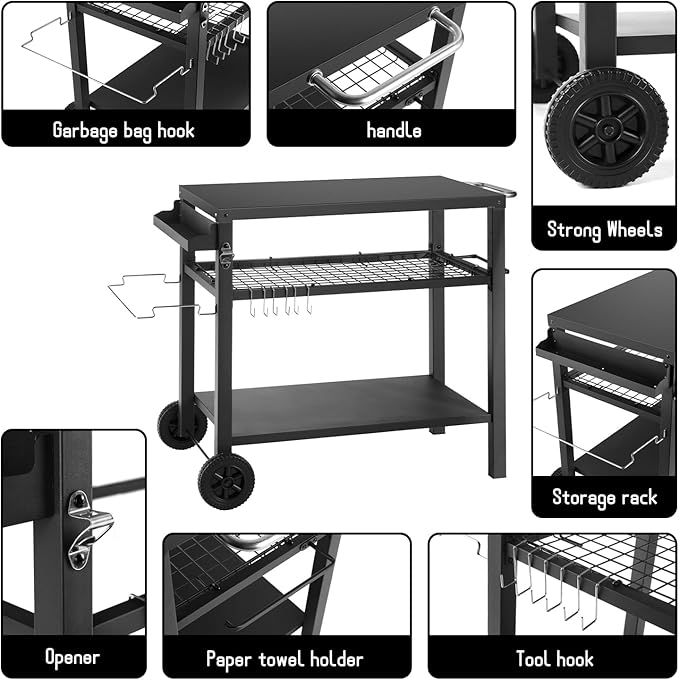 Dining Cart Table with Three Shelf, Movable Outdoor BBQ Grill Pizza Oven Stand with Three Hooks, Kitchen Cart Island Multifunctional Food Prep Table for Inside and Outside (Black)