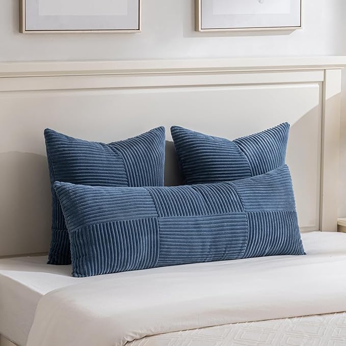 Fancy Homi 2 Packs Dusty Blue Decorative Throw Pillow Covers 18x18 Inch for Living Room Couch Bed, Farmhouse Boho Home Decor, Soft Corss Corduroy Patchwork Textured Square Cushion Case 45x45cm