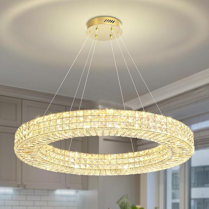 Dia 40" Modern Crystal Chandelier Ring Chandelier Adjustable Height Luxury Crystal Pendant Ceiling Light Fixture for Dining Living Room Bedroom