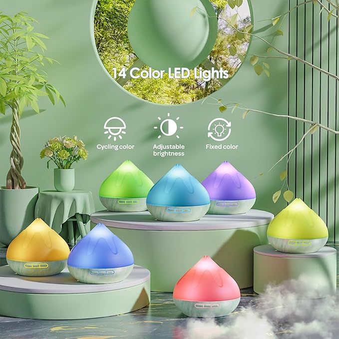 Aroma Diffuser with Essential Oils Set, 500 ML Essential Oil Diffuser with Remote Control, Humidifier with 14 Color Lights for Large Room, 4 Timer Setting, Auto Shut-Off Green