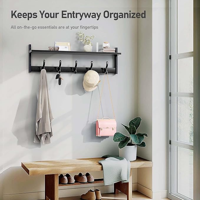 Tatub 29" Rustic Coat Rack Wall Mount with Shelf, Entryway Wall Hooks with Shelf, Coat Hangers for Bathroom, Living Room, Bedroom, Black