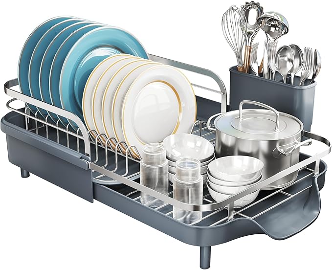 Dish Drying Rack, Expandable Dish Rack for Kitchen Counter, Stainless Steel Dish Drainer with Drainboard Set and Utensil Holder (Gray)