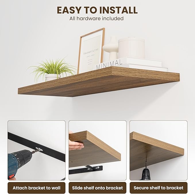 55" Floating Shelves for Wall, 12" Deep Slim Walnut Floating Shelves, Wall-Mounted Shelves for Bedroom, Living Room, Kitchen, Bathroom - Set of 2