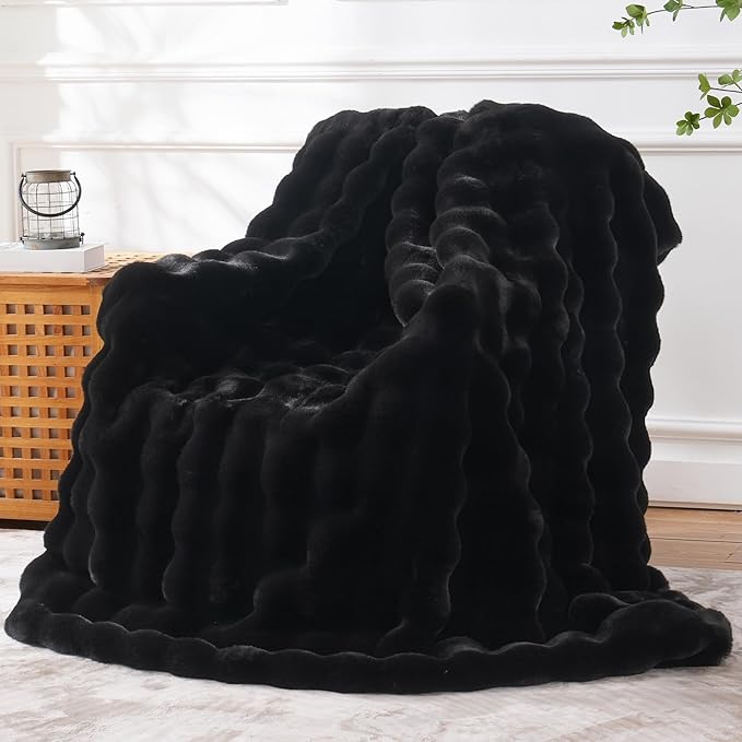BENVWE Faux Fur Throw Blanket for Couch - Thickened Fluffy Soft Bubble Blanket for Living Room Home Decor - Fathers Day Birthday Gifts for Women Men, Black, 50" x 60",1300GSM