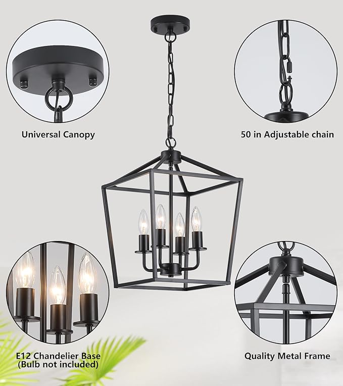 AMZASA UL Listed Black Industrial 4 Light Lantern Chandelier Ceiling Light Fixtures Farmhouse Metal Cage Rustic Geometric Pendant Light for Kitchen Island Entryway Dining Room Stairs and Hallway