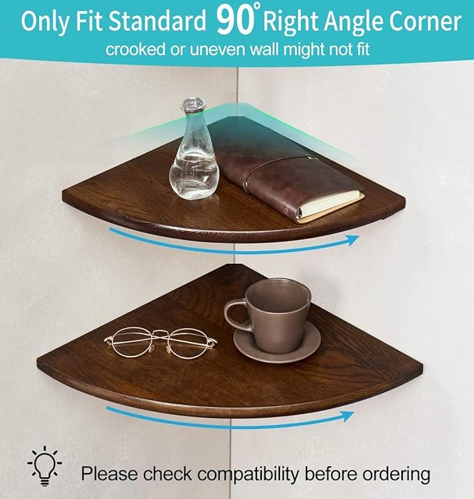 Corner Shelves, Floating Corner Shelf, Set of 2 7inch Solid Oak Wood Corner Wall Shelves, Round End with Wire Hole for Small Plant for Bedroom Kitchen, Living Room
