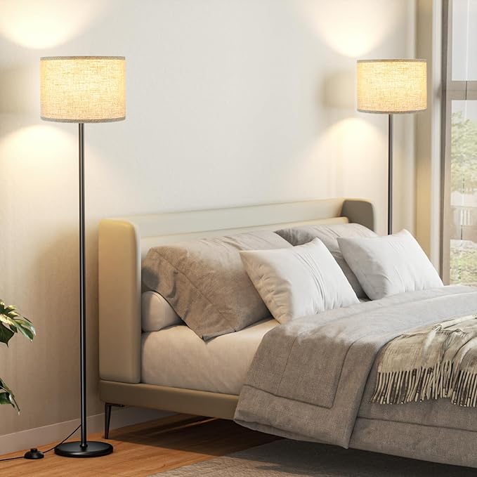 Ambimall 60'' Modern Floor Lamp Set of 2, 2PK Tall Lamps for Living Room Bedroom, Beige Shade with Black Pole(Without Bulb)