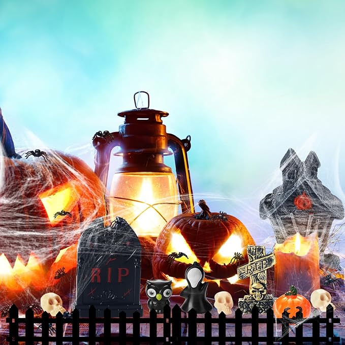 56 Pcs Halloween Village Accessories Set Halloween Haunted House Village Set Miniature Tombstones Tree Fake Spiders Fence Streetlamp Figurines for Home Table Party Decor