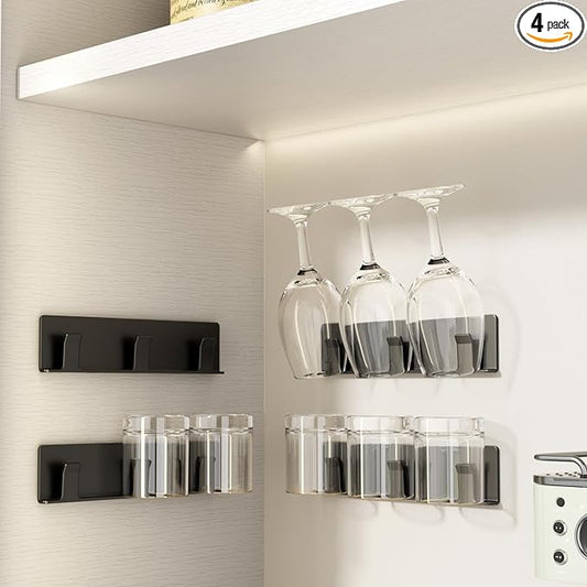 Cup Holder, 4 Pack Wine Glass Holder，No Drilling Installation Wine Glass Holder Wall Mounted for Dining Room, Kitchen and Bar Daily Use (Classic Black)