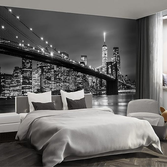 Gray Brooklyn Bridge at Night NYC Wall murals New York Peel and Stick Wallpaper for Bedroom Living Room - 96"x137"