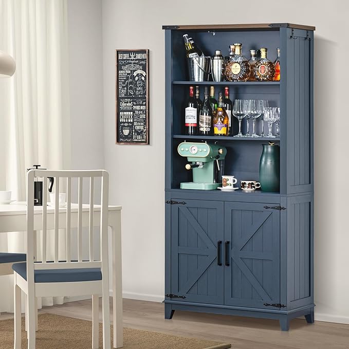 70in Tall Bookshelf 5 Tier Bookcase with Barn Doors and Adjustable Shelves, Blue Farmhouse Book Shelf with Storage Cabinet, Wood Freestanding Display Bookshelves for Bedroom, Living Room