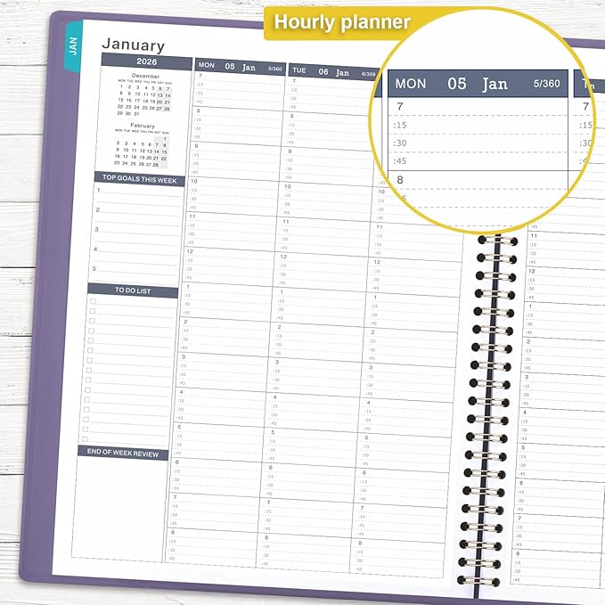Appointment Book/Planner 2026 - Weekly Appointment Book 2026, January 2026 - December 2026, 8.26"x 11.4", Daily/Hourly Planner with Tabs, 15 Minutes, Wirebound - Purple