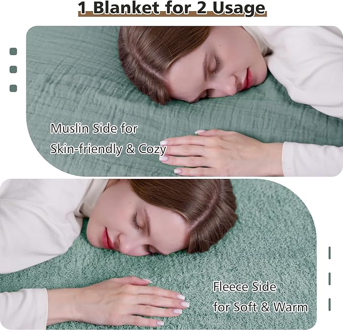 EMME Muslin and Fleece Twin Blanket Reversible - 60"*80" Teal Soft Warm Throw Blankets for Couch Bed Picnic Travel Bed