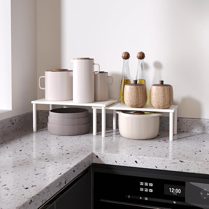 Cabinet Organizer Shelf(Set of 2),Kitchen Counter Shelves,Bamboo Spice Rack Countertop and Cabinet,Stackable Expandable,Large(White)