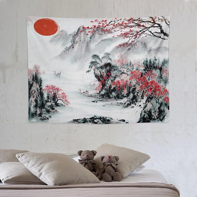 Cherry Blossoms Tapestry, Japanese Red Landscape Asian Watercolor Abstract Art, Bedroom Living Room Decor 40"x30"