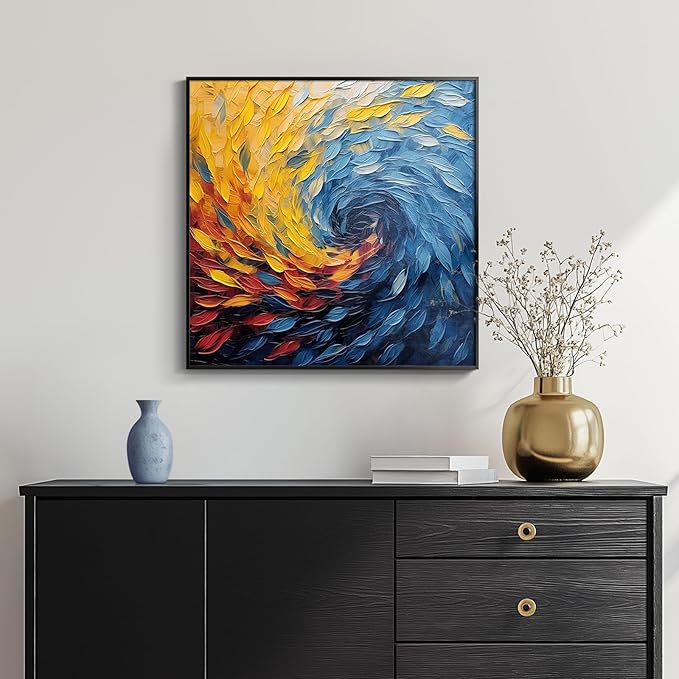 Framed Blue Modern Abstract Wall Art, Minimalist Large Canvas Paintings Artwork for Walls, Blue Yellow Art Prints Pictures for Living Room, Hallway, Bedroom, Office, Bathroom Wall Decor -24x24 Inch