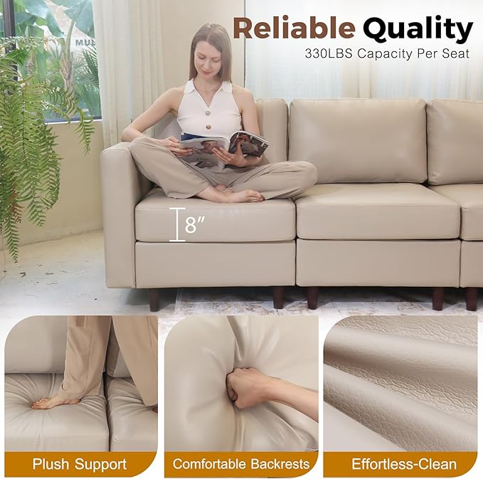 118.5" Oversized Modular Sectional Sofa, Faux Leather 6 Seater U Shaped Couch with Movable Ottoman and Storage Seat with Reversible Chaise Deep Seat for Living Room Whitesand