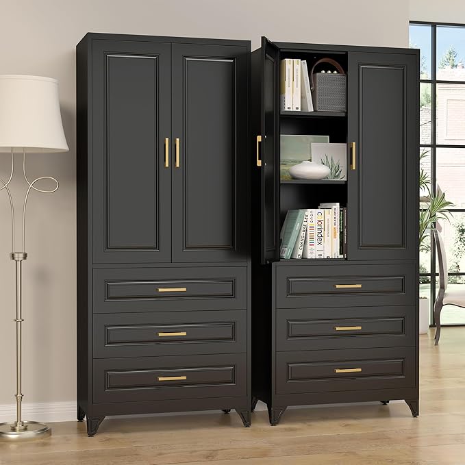 75" Kitchen Pantry Cabinet with 3 Drawers,Metal Storage Cabinets with Doors and 4 Adjustable Shelves,Black Kitchen Cabinet with 2 Gold Handles,Food Cupboard for Livingroom, Bathroom,Pantry