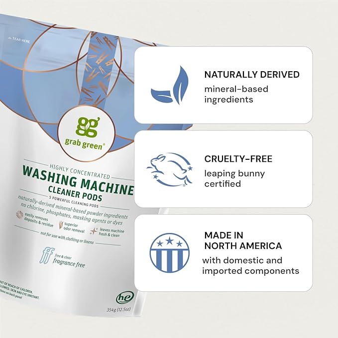 Grab Green Washing Machine Cleaner, 5 Count, Fragrance Free, Mineral Based Removes Deposits and Odors, Naturally Cleans