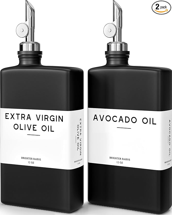 Black Glass Olive Oil Dispenser Bottle for Kitchen by Brighter Barns - Soy Sauce Dispenser, Coffee Syrup Bottle - Modern Kitchen Decor for Restaurant, Airbnb, Coffee Bar Accessories (Black, Set of 2)