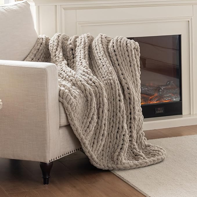 Chunky Knit Blanket Throw, 100% Hand Knit Throw Blanket Handmade Chenille Cable Knit Throw for Couch, Stylish Cozy Soft Rope Knot Crochet Blanket for Home Decor, Beige Linen, 50x60 Inches