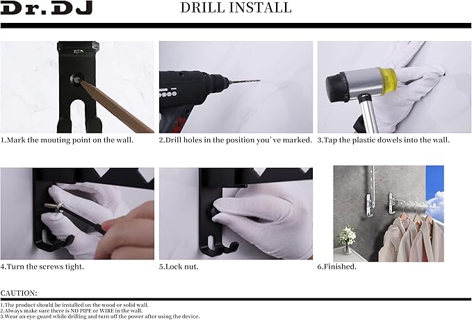 Dr.DJ Wall Hanger for Clothes, Coat Hanger Mounted Matte Black Retractable Clothes Drying Organizer Rack Garment Hooks Aluminium Folding Indoor Space Saver (2 Racks) Black