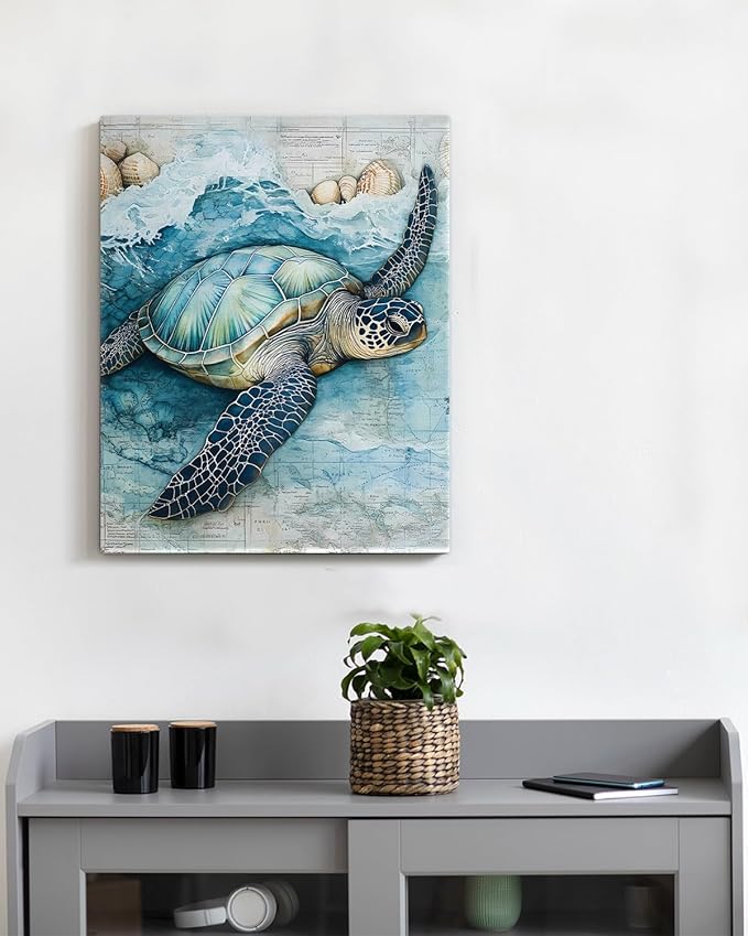 Coastal Sea Turtle Canvas Wall Art Turtle Nautical Ocean Theme Print Poster Framed Picture Painting for Home Beach House Bedroom Wall Decor 8x10 Inch