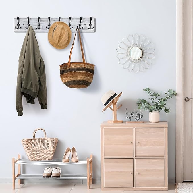 Coat Rack Wall Mount, Wooden Heavy Duty Coat Rack for Wall,8 Triple Coat Hanger Hooks for Hanging Coats,Jacket,Hat,Clothes (Grey White, 8 Hooks)