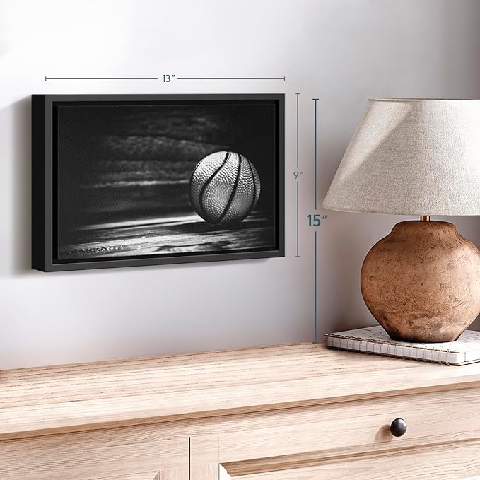ElephantStock Basketball Wall Art - Horizontal Framed Canvas - 1-Piece Hallway Wall Decor - Photography sports Canvas Print - Black and Gray Decor for Wall - 13" X 9"