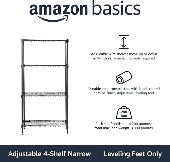 Amazon Basics 4-Shelf Steel Wire Storage Rack, Adjustable, Sturdy, Easy Assembly, 13.4 D x 23.2 W x 48 H in, Black