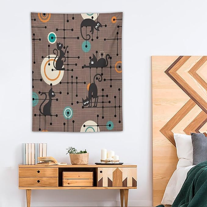 ICMOLYYENLO Boho Medieval Cat Tapestry, Abstract Atomic Starburst Geometric Aesthetic Art Wall Hanging For Bedroom Living Room Dormitory 60x60 Inches