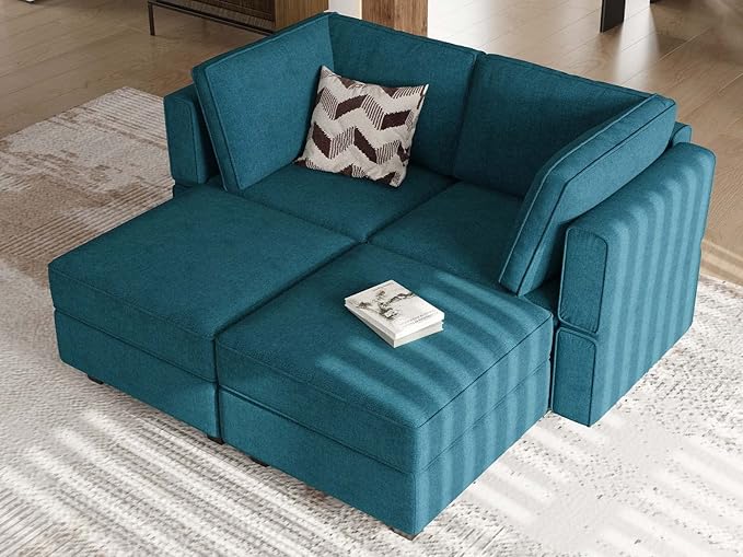 Bellfin Modular Sectional Sleeper Sofa Convertible Sofas with Storage Ottomans Small Sectional Couches for Living Room. Peacock Blue Couch
