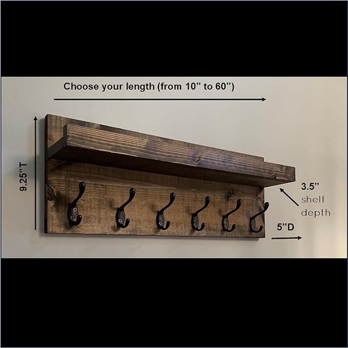 Coat Rack with Shelf Wall Mounted with Storage (Choose Your Length) Towel Rack Entryway Organizer Key Hooks (16" L (4 Hooks))