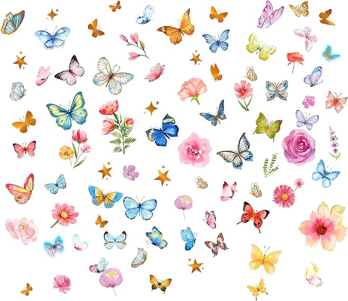 Glow in The Dark Butterfly Flower Wall Decals Glowing Luminous Butterflies Removable Self-Adhesive Wall Stickers for Girls Bedroom Nursery Living Room Decor 4 Sheets (Butterfly 3)