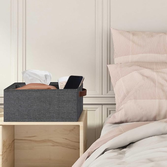 GhvyenntteS Small Fabric Storage Bins 6 Pack, 11.8" x 7.87" x 5.11" Storage Basket with Leather Handles, Closet Storage Bins for Shelves, Storage Baskets for Shelves, DVD Storage (Grey)