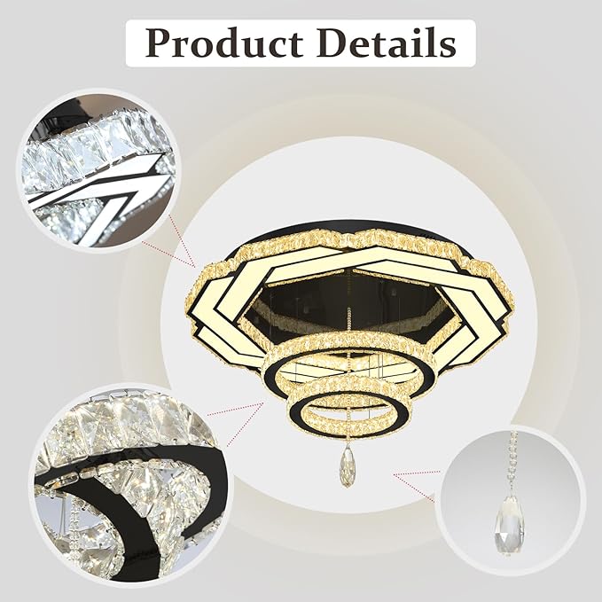 Flashing God Large Chandelier Dia 40" Black Crystal Chandelier Flush Mount Ceiling Light for Bedroom Living Room Dining Room Hallway Dimmable 3 Rings LED Celing Lighting Fixtures