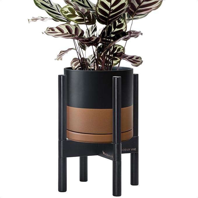 D'vine Dev Ceramic Planter with Ebony Stand - 8 Inch Modern Round Flower Pot with Wood Planter Holder, Black/Speckled Tan, 55-B-M-7