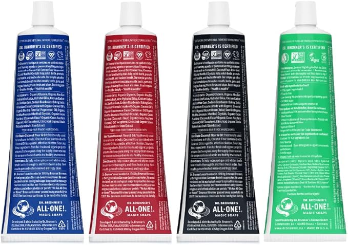 Dr. Bronner’s All-One Toothpaste 4-Pack Variety– (Peppermint, Spearmint, Cinnamon, Anise, 5oz Each)– 70% Organic Ingridients, SLS Free Toothpaste, Fluoride Free, Natural, Vegan, for Sensitive Teeth