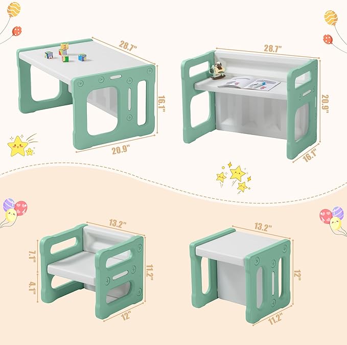 3 in 1 Montessori Weaning Table and 2 Chairs Set, Kids Activity Table Set, 2 Height Levels, Toddlers Activity Table for Drawing, Dining, Reading and Playing, Green
