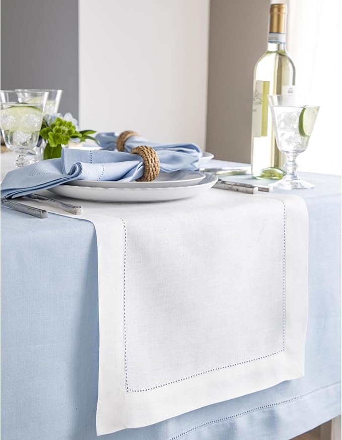 Solino Home Linen White Table Runner 60 Inches - Classic Hemstitch, 100% Pure Linen Coffee Table Runner 14 x 60 Inch Ideal for Dresser Tables - Fall, Autumn, Halloween, Thanksgiving