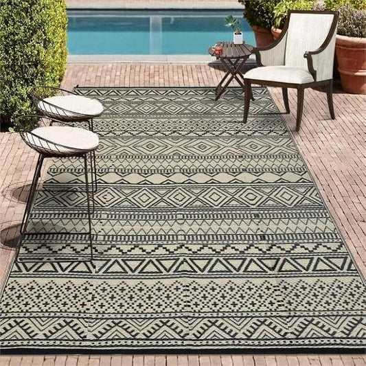 GAOMON Outdoor Rug for Patio Clearance 5x8 Reversible Plastic Straw Patio Rug for Camping Stain & UV Resistant RV Mats for Porch, Deck, Backyard, Camper, Balcony, Picnic, Black&Brown